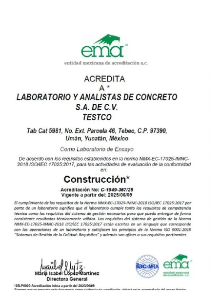 Certificado de acreditación ema de TESTCO, No. C-1949-367/25